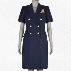 80s Vintage Navy Double Breasted Military Gold Button Wrap Blazer Dress Size 10